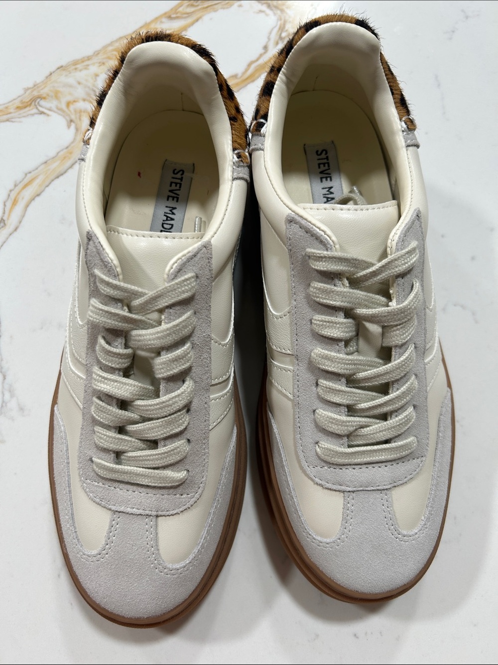 Steve Madden Cream & Brown Lace-Up Sneakers with Leopard Heel